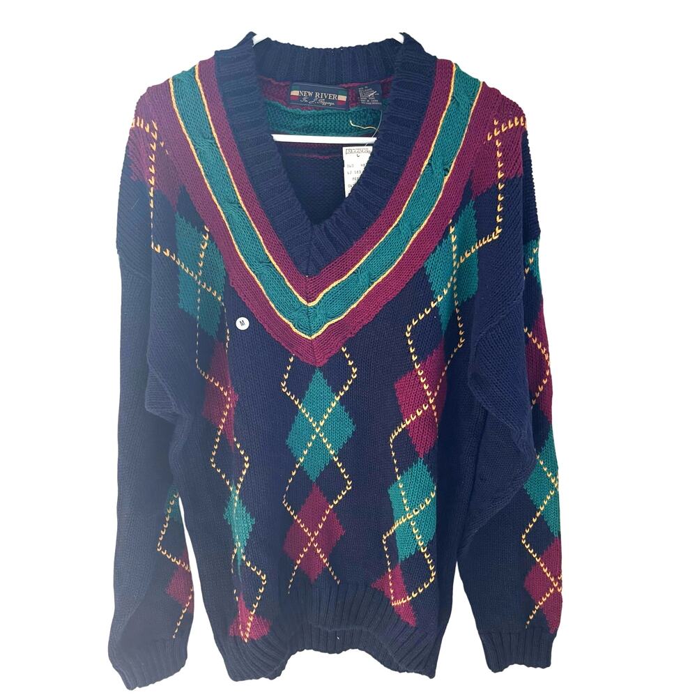 VTG New River for J. Riggings Sweater V-Neck Argyle Heritage Preppy Old Money M